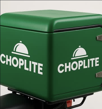 ChopLite branded delivery box on a rider's motorcycle