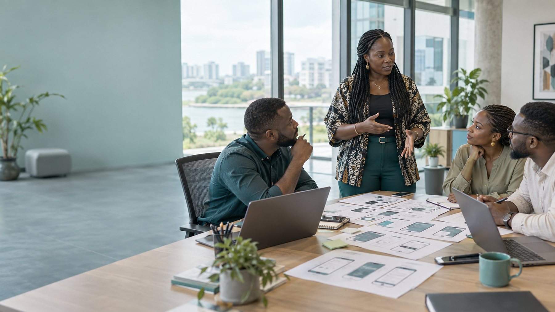 The NovaSoft Labs team reviewing app designs in the Lagos office